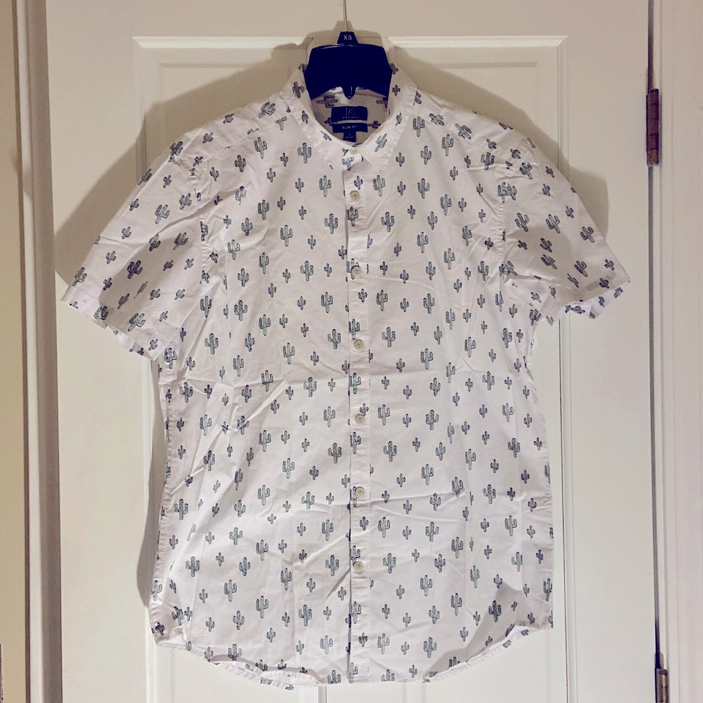 Green and white cotton shirt with cacti design